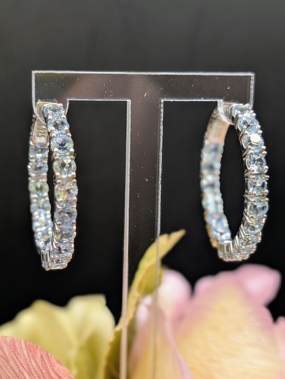 15.3ctw Sky Blue Topaz 925 Silver Rhodium Plated Inside-Out Hoop Earrings